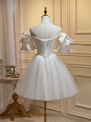 Short Beige Semi Formal Prom Dresses, Beige Tulle Lace Homecoming Dresses