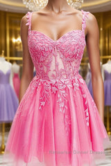 Short Pink Lace Semi Formal Prom Dresses, Short Pink Lace Formal Homecoming Dresses