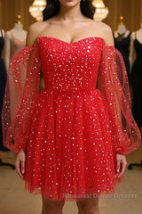 Short Red Long Sleeves Tulle Semi Formal Prom Dresses, Short Red Long Sleeves Formal Homecoming Dresses