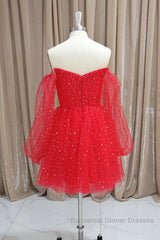 Short Red Long Sleeves Tulle Semi Formal Prom Dresses, Short Red Long Sleeves Formal Homecoming Dresses