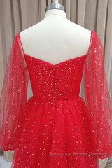 Short Red Long Sleeves Tulle Semi Formal Prom Dresses, Short Red Long Sleeves Formal Homecoming Dresses