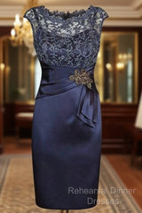 Short Sheath Navy Mother Of Bride Dress With Lace Beading  Semi Formal Prom Gown