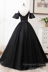 Short Sleeves Black Tulle Lace Sweetheart Long Semi Formal Prom Dress