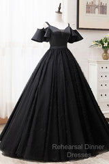Short Sleeves Black Tulle Lace Sweetheart Long Semi Formal Prom Dress