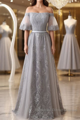 Short Sleeves Grey Lace Long Semi Formal Prom Dresses, Short Sleeves Gray Lace Long Formal Evening Dresses