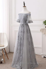 Short Sleeves Grey Lace Long Semi Formal Prom Dresses, Short Sleeves Gray Lace Long Formal Evening Dresses