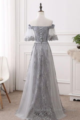 Short Sleeves Grey Lace Long Semi Formal Prom Dresses, Short Sleeves Gray Lace Long Formal Evening Dresses