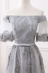 Short Sleeves Grey Lace Long Semi Formal Prom Dresses, Short Sleeves Gray Lace Long Formal Evening Dresses