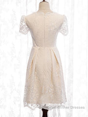 Short Sleeves Short Champagne Lace Semi Formal Prom Dresses, Short Champagne Lace Formal Wedding Dresses