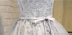 Short Sleeves Silver Gray Lace Prom Dresses, Lace Graduation Homecoming Dresses