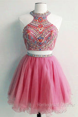 Short Two Piece Semi Formal Prom Dresses Beaded Top