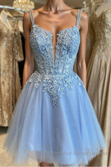 Short V Neck Blue Lace Semi Formal Prom Dresses, V Neck Short Blue Lace Formal Homecoming Dresses