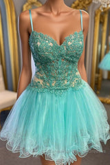 Short V Neck Mint Green Lace Semi Formal Prom Dresses, Short Mint Green Lace Formal Homecoming Dresses