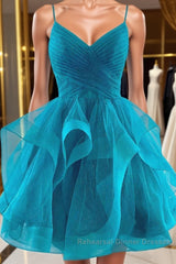 Short V Neck Puffy Semi Formal Prom Dresses, Short V Neck Formal Homecoming Dresses