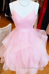 Short V Neck Puffy Semi Formal Prom Dresses, Short V Neck Formal Homecoming Dresses