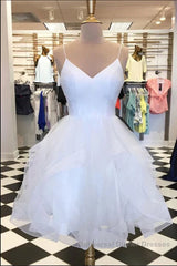 Short V Neck Puffy Semi Formal Prom Dresses, Short V Neck Formal Homecoming Dresses