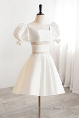 Short White Beaded Semi Formal Prom Dresses, Short White Beaded Formal Homecoming Dresses