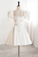 Short White Beaded Semi Formal Prom Dresses, Short White Beaded Formal Homecoming Dresses
