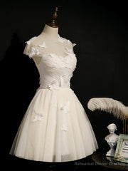 Short White Prom Dresses with Butterfly, Short White Formal Homecoming Dresses
