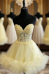 Short Yellow Lace Corset Ruffle Hemline Dress