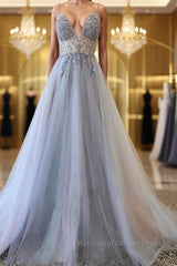 Silver Grey V Neck Floor Length Long Beaded Semi Formal Prom Dresses, Grey Long Beaded Formal Evening Dresses