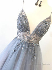 Silver Grey V Neck Floor Length Long Beaded Semi Formal Prom Dresses, Grey Long Beaded Formal Evening Dresses