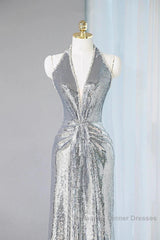 Silver Sequins Sheath V-Neck Long Semi Formal Prom Dress Shiny Evening Dress