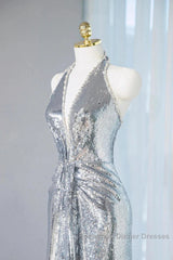 Silver Sequins Sheath V-Neck Long Semi Formal Prom Dress Shiny Evening Dress
