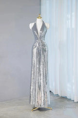 Silver Sequins Sheath V-Neck Long Semi Formal Prom Dress Shiny Evening Dress