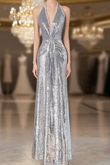 Silver Sequins Sheath V-Neck Long Semi Formal Prom Dress Shiny Evening Dress