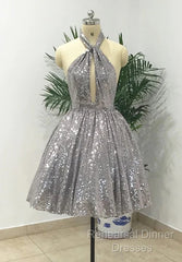 Silver Sexy Halter Sequined Backless Short Homecoming Dress, Sparkly Party Dress