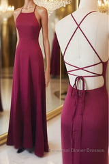 Simple A Line Backless Burgundy Satin Long Semi Formal Prom Dresses, Burgundy Formal Dresses, Burgundy Evening Dresses