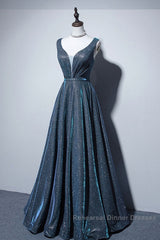 Simple A-Line Blue Long Semi Formal Prom Dress, Blue Formal Dresses