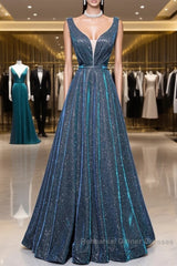 Simple A-Line Blue Long Semi Formal Prom Dress, Blue Formal Dresses