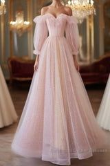 Simple A Line Long Sleeves Pink Tulle Long Semi Formal Prom Dress