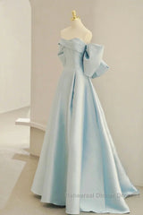 Simple A Line Off The Shoulder Blue Satin Long Semi Formal Prom Dresses