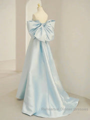 Simple A Line Off The Shoulder Blue Satin Long Semi Formal Prom Dresses