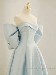 Simple A Line Off The Shoulder Blue Satin Long Semi Formal Prom Dresses