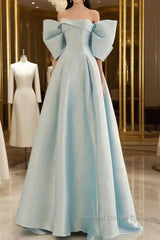 Simple A Line Off The Shoulder Blue Satin Long Semi Formal Prom Dresses