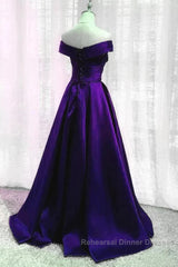 Simple A Line Off The Shoulder Purple Satin Long Semi Formal Prom Dresses