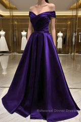 Simple A Line Off The Shoulder Purple Satin Long Semi Formal Prom Dresses