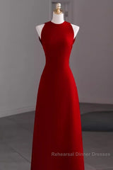 Simple A Line Red Floor Length Open Back Semi Formal Prom Dress
