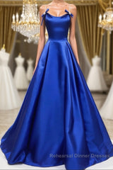 Simple A Line Royal Blue Satin Long Semi Formal Prom Dresses, Royal Blue Formal Dresses, Cheap Royal Blue Evening Dresses