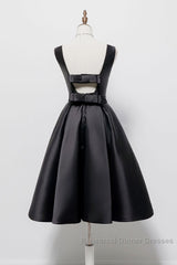 Simple A-Line Satin Black Short Semi Formal Prom Dress, Black Homecoming Dress