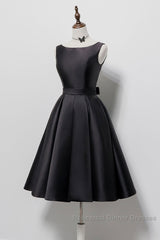 Simple A-Line Satin Black Short Semi Formal Prom Dress, Black Homecoming Dress