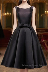 Simple A-Line Satin Black Short Semi Formal Prom Dress, Black Homecoming Dress