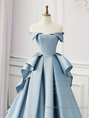 Simple A-Line Satin Blue Long Semi Formal Prom Dress, Blue Satin Long Formal Dress