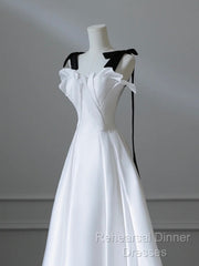 Simple A-Line Satin White Long Semi Formal Prom Dress, White Long Formal Dress