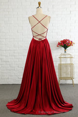 Simple A Line Spaghetti Straps Burgundy Long Prom Dress with Cirss Cross Back