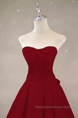 Simple A Line Strapless Long Red Semi Formal Prom Dress Evening Dress